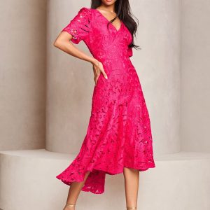 Lipsy Pink Premium Broderie Lace Short Sleeve V-Neck High Low Midi Dress