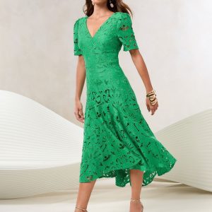Lipsy Green Premium Broderie Lace Short Sleeve V-Neck High Low Midi Dress