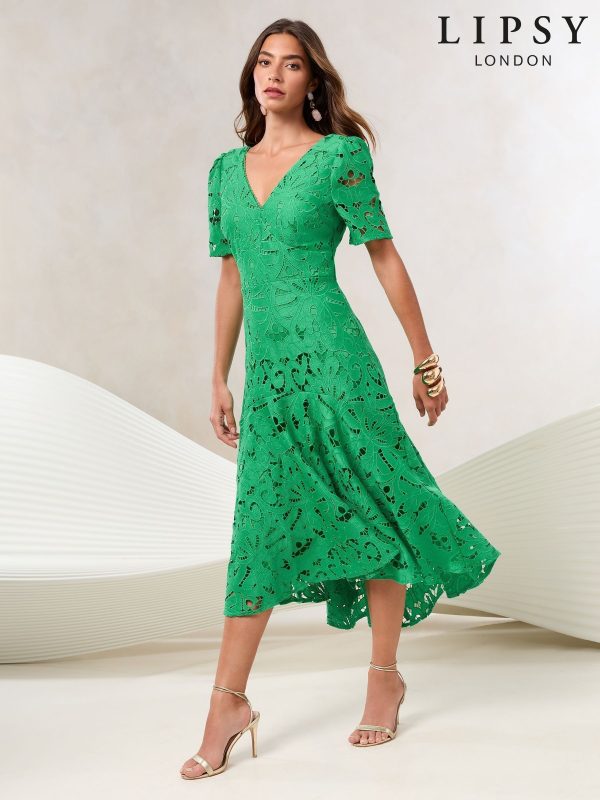 Lipsy Green Premium Broderie Lace Short Sleeve V-Neck High Low Midi Dress