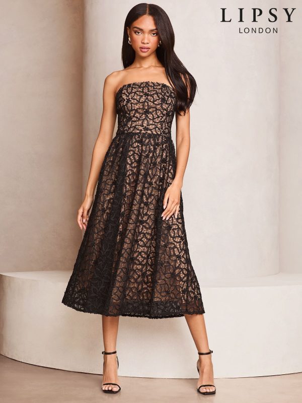 Lipsy Black Premium Lace Bandeau Prom Midi Dress
