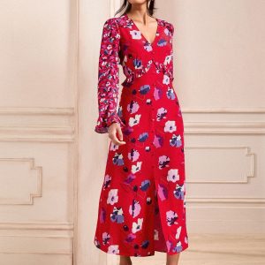 Love & Roses Red V-Neck Ruffle Midi Dress