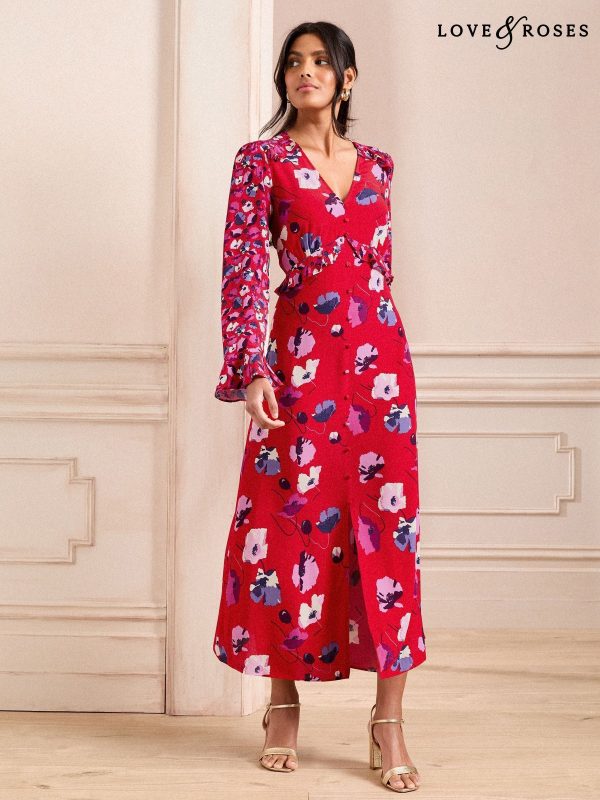 Love & Roses Red V-Neck Ruffle Midi Dress