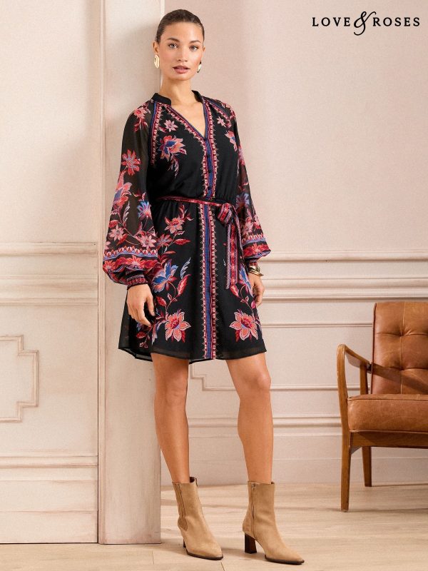 Love & Roses Black Floral Mini Shirt Dress