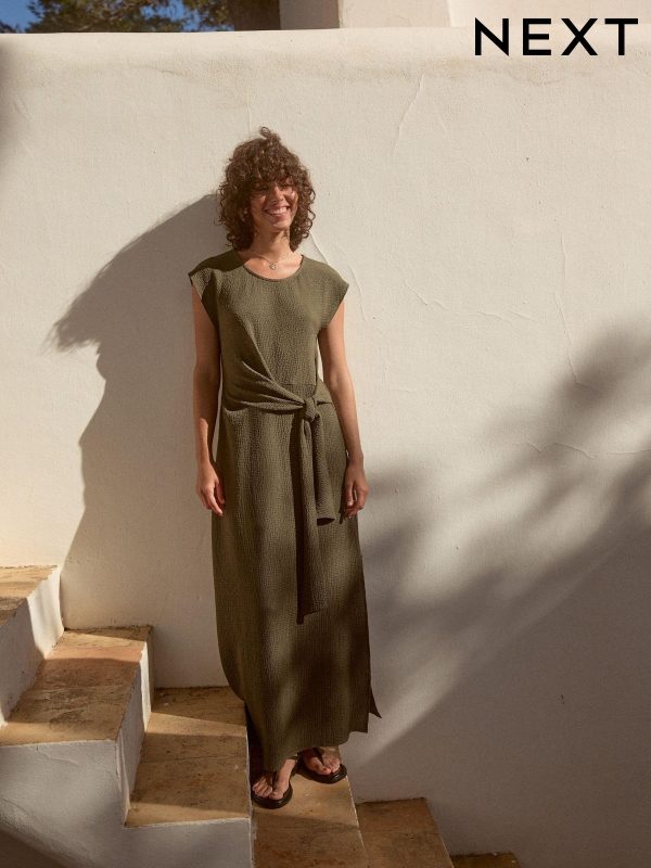 Khaki Green Textured Tie Waist T Dress