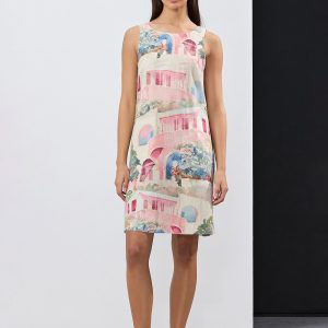Cream Pink and Blue House Print Linen Scoop Back Mini Shift Dress