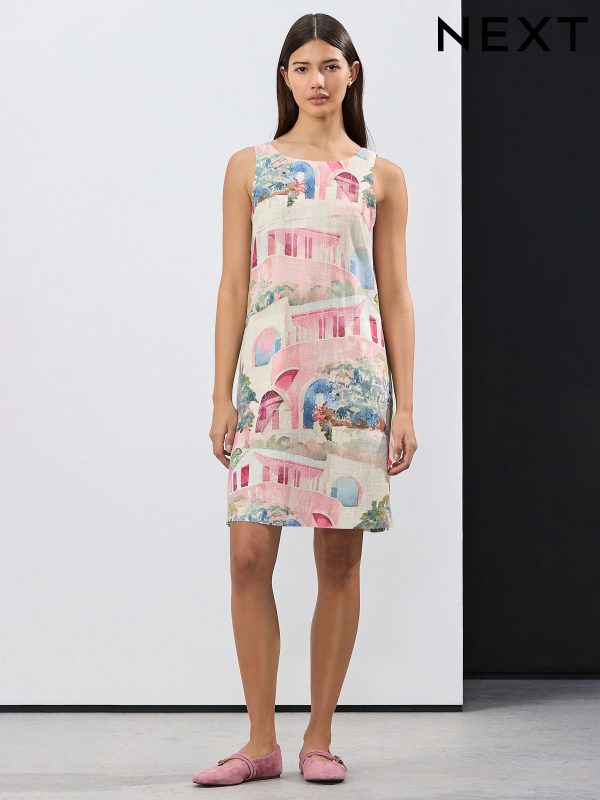 Cream Pink and Blue House Print Linen Scoop Back Mini Shift Dress