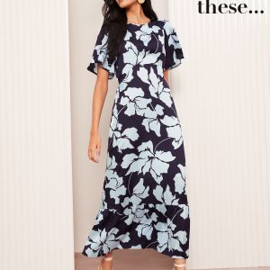 Friends Like These Navy Blue Floral Satin Angel Sleeve Empire Midi Dress