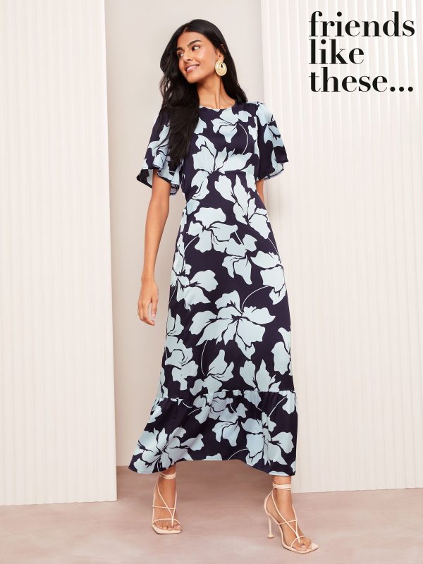 Friends Like These Navy Blue Floral Satin Angel Sleeve Empire Midi Dress