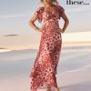 Roman Pink Abstract Print Shirred Waist Maxi Dress