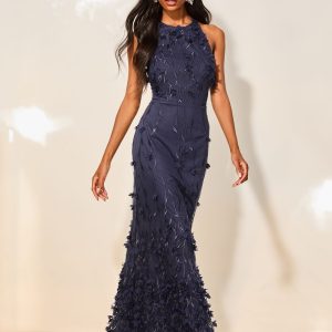 Lipsy Navy Premium Floral 3D Textured Halter Maxi Dress