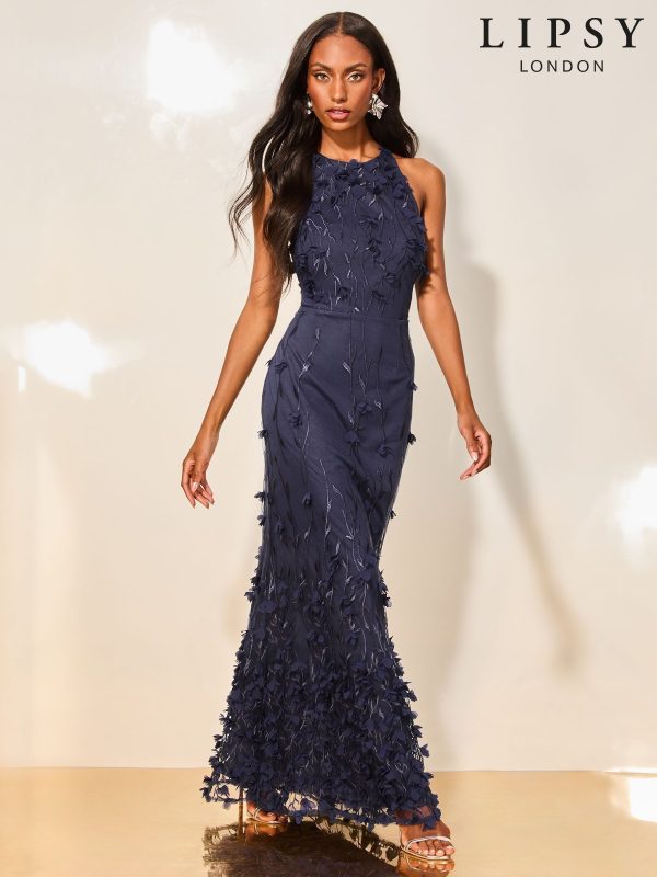 Lipsy Navy Premium Floral 3D Textured Halter Maxi Dress