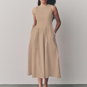 Stone Woven Jersey Mix Sleeveless Racer Ribbed Midi Dress