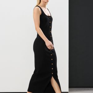 Black Square Neck Button Down Rib Column Midi Dress