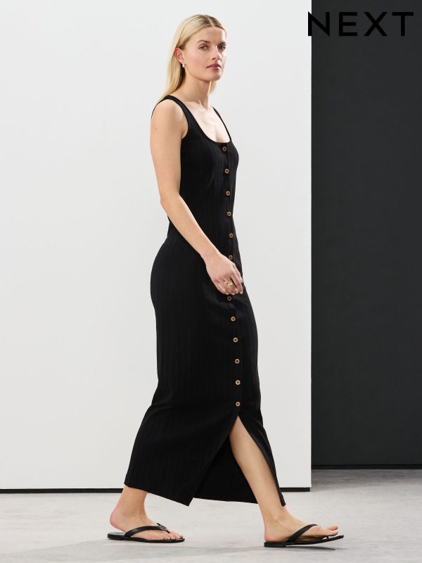 Black Square Neck Button Down Rib Column Midi Dress