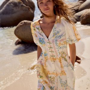 Floral V-Neck Puff Sleeve Mini Dress with Linen