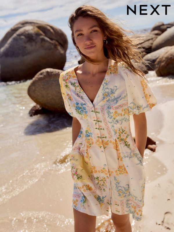 Floral V-Neck Puff Sleeve Mini Dress with Linen