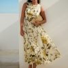 Pastel Yellow Floral Print Sleeveless Column A-Line Maxi Dress
