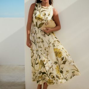 Pastel Yellow Floral Print Sleeveless Column A-Line Maxi Dress
