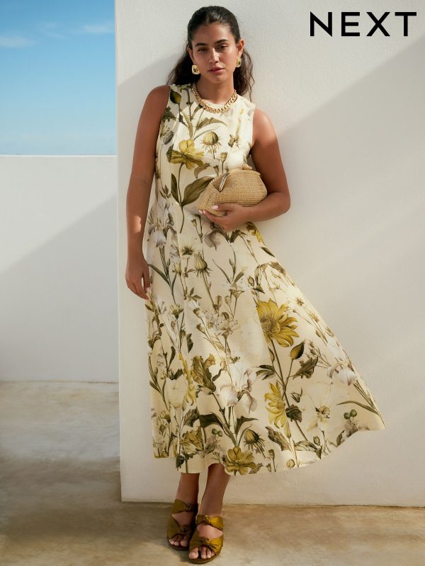 Pastel Yellow Floral Print Sleeveless Column A-Line Maxi Dress