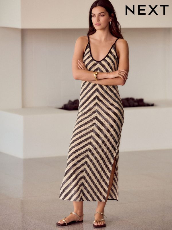 Black/White Stripe Crochet Strappy Midi Dress