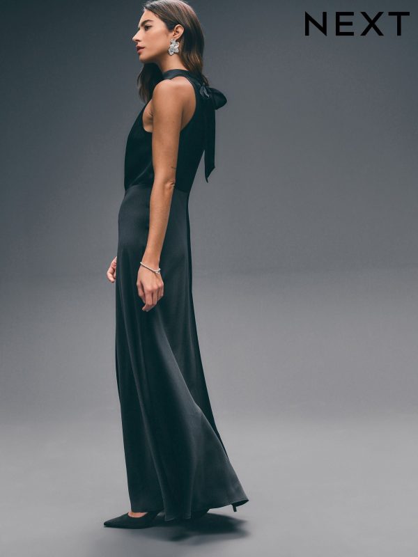 Navy Blue Textured Satin Halter Sleeveless Midi Dress