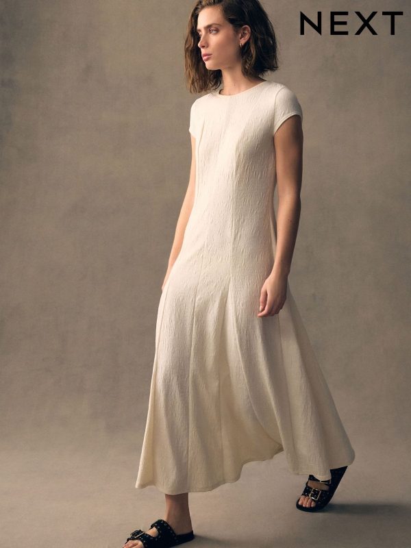 Ecru White Cap Sleeve Jacquard Midi Dress