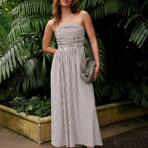 Black/White Stripe Seersucker Bandeau Midi Summer Dress