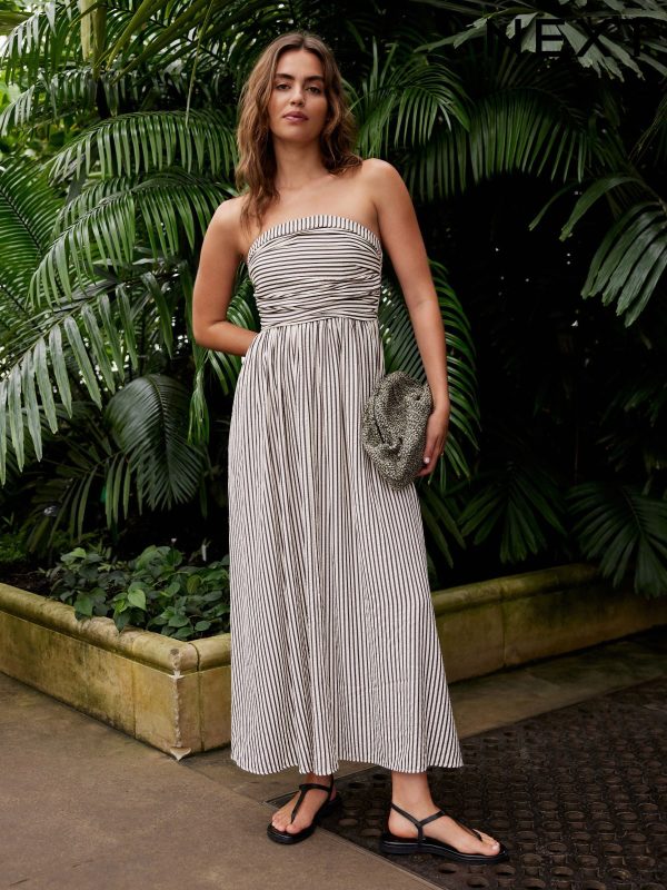 Black/White Stripe Seersucker Bandeau Midi Summer Dress