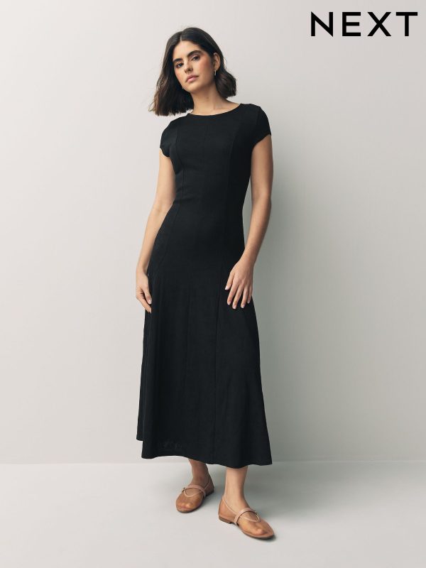 Black Cap Sleeve Jacquard Midi Dress