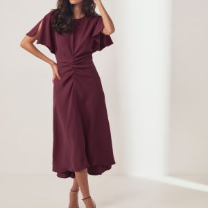 Burgundy Short Sleeve Ruched Midi Dress