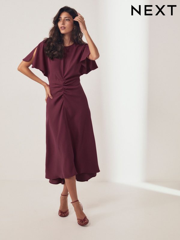 Burgundy Short Sleeve Ruched Midi Dress