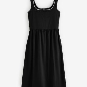 Black Cotton Jersey Midi Summer Dress