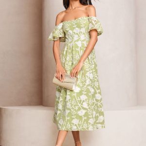 Lipsy Green Premium Floral Embroidered Bardot Midi Prom Dress