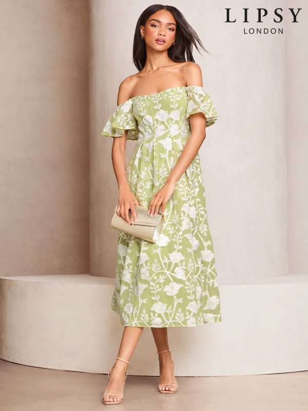 Lipsy Green Premium Floral Embroidered Bardot Midi Prom Dress