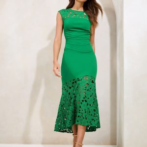 Lipsy Green Floral Lace Mix Fit And Flare Midi Dress