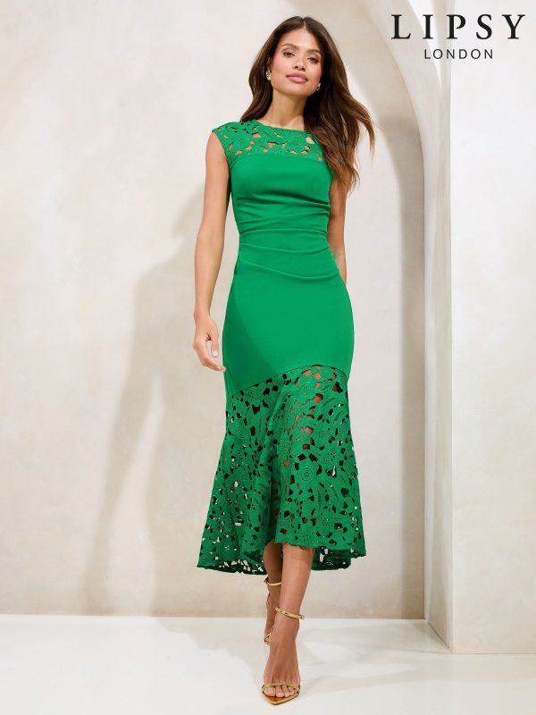 Lipsy Green Floral Lace Mix Fit And Flare Midi Dress