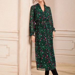 Love & Roses Green V-Neck PU Belted Long Sleeve Midi Dress