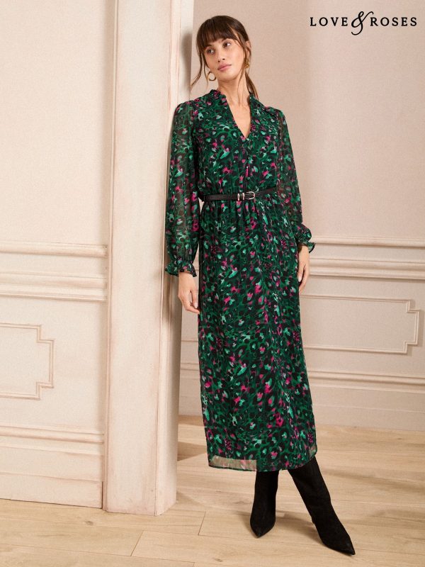 Love & Roses Green V-Neck PU Belted Long Sleeve Midi Dress
