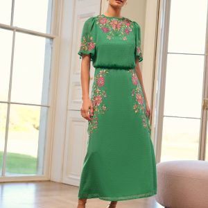 Love & Roses Green Floral Embroidered Crew Neck Angel Sleeve Midi Dress