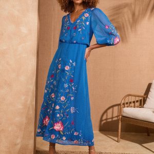 Love & Roses Cobalt Blue Floral Embroidered Dobby Scallop Neck 3/4 Sleeve Midi Dress