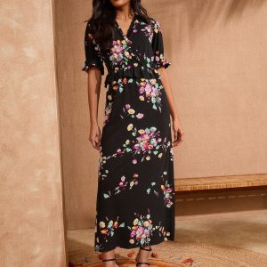 Love & Roses Black Floral Jersey Peplum Ruffle Short Sleeve Midi Dress