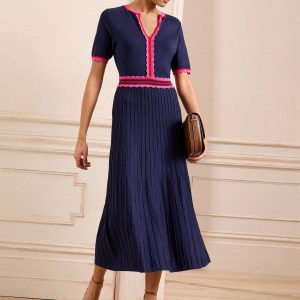 Love & Roses Navy Short Sleeve Knitted Midi Dress