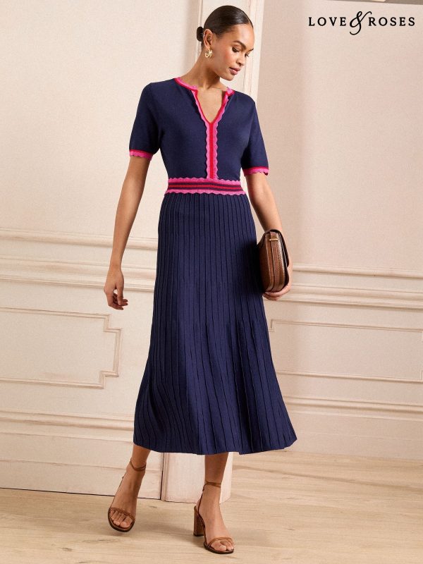 Love & Roses Navy Short Sleeve Knitted Midi Dress