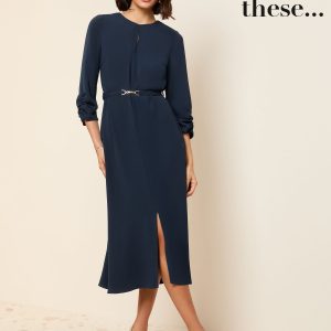 Friends Like These Navy Long Sleeve Gold Belted Tailored Midi Dress