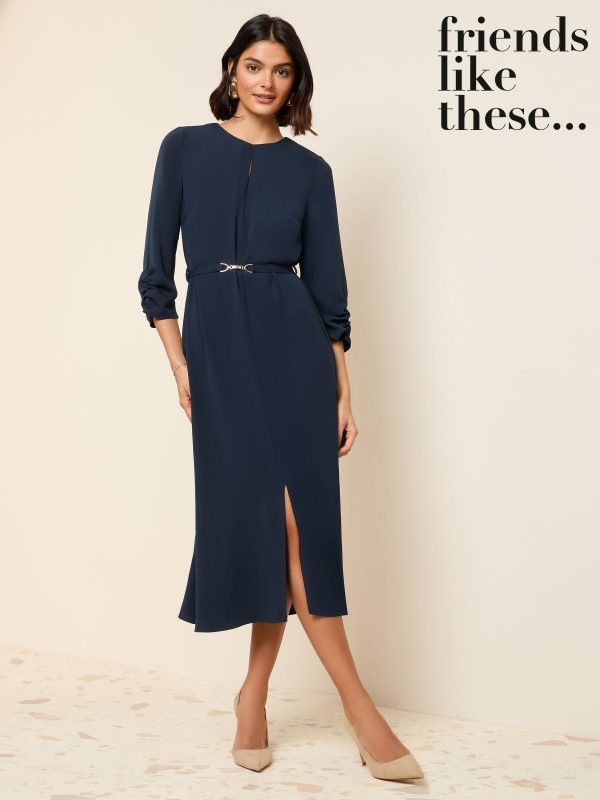 Friends Like These Navy Long Sleeve Gold Belted Tailored Midi Dress
