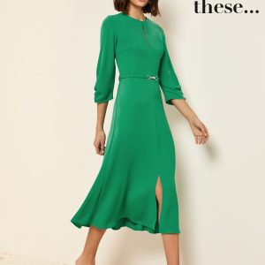 Friends Like These Green Long Sleeve Gold Belted Tailored Midi Dress