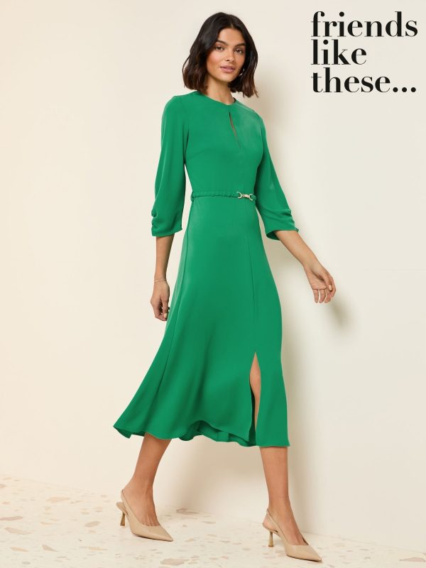Friends Like These Green Long Sleeve Gold Belted Tailored Midi Dress
