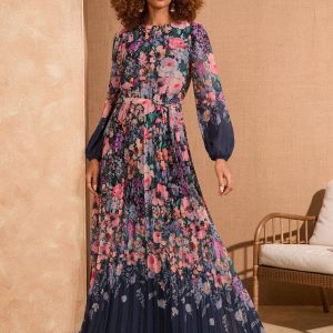 Love & Roses Navy Floral Printed Crew Neck Long Sleeve Maxi Dress