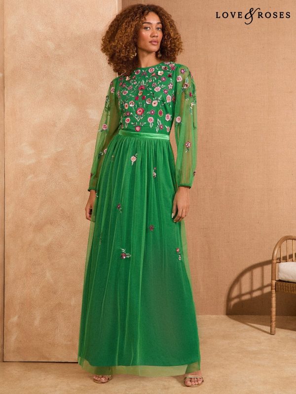 Love & Roses Bright Green Embroidered Angel Sleeve Maxi Dress