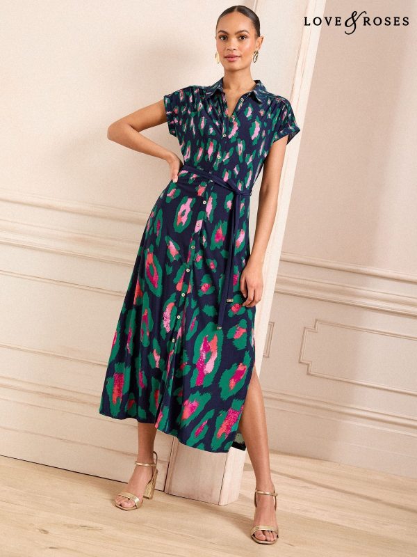 Love & Roses Black Animal Printed Jersey Midi Shirt Dress